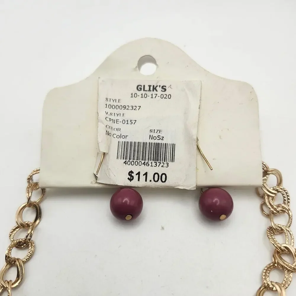 Glik's Burgundy Glass Bead Gold Tone Layered Bib Necklace Earrings Set Carded
